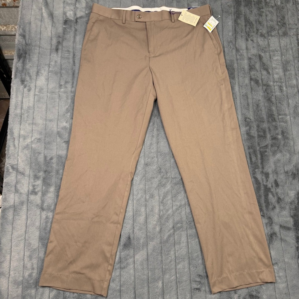 Alan Flusser Mens Taupe Herringbone Dress Pants Classic Fit Flat Front 38x32 NEW